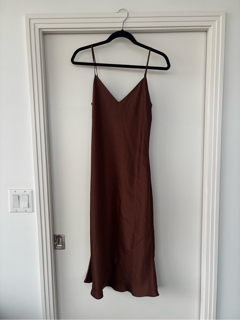 Aritzia Wilfred Only Slip Satin Midi Dress in a gorgeous Anise/rich copper brown